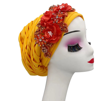 Elegant Flower Diamonds Women's Turban Cap African Party Headwear Hat Lady Head Wraps Muslim Headscarf Hats Turbante Mujer