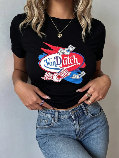 Women's Y2K Vintage Street Style Von Dutch Wing-Eye Print Fitted Short-Sleeved Short Dress