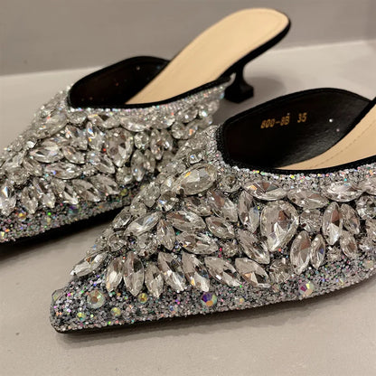 Luxury Rhinestone Sandals Women Slingback Slippers Female Fashions Low Heel Flip-flops Shiny Pointed Pumps Women Mules Slippers