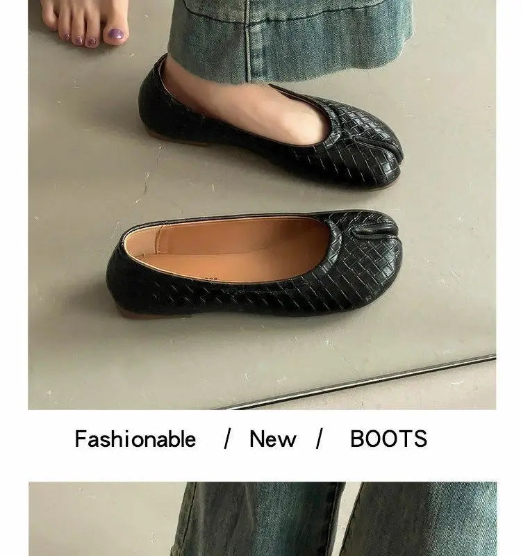 French Retro Split Toe Ballet Flats Women Red Woven Detail Tabi Slip On Shoe Woman Faux Leather Moccasin Daily Work Office Flats