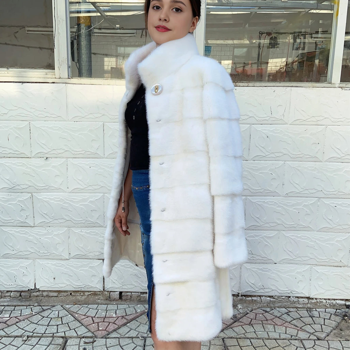 Fancy Rani Real Mink Fur Coat Natural White Women Winter Long Leather Jacket Luxury Female Clothes Mink Fur Coat Women Promotion