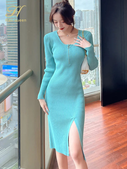 H Han Queen Sheath Pencil Dress Women Simple Zipper Sexy Split Elastic Knitted Sweater Autumn Casual Bottoming Party Dresses