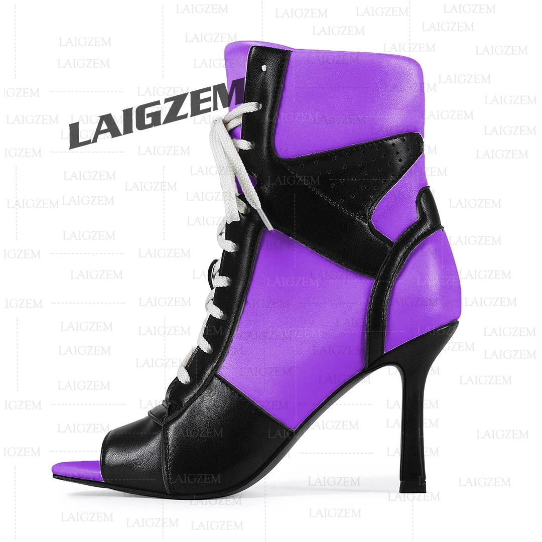 LAIGZEM Women Ankle Boots Patchwork Peep Toe Thin High Heels Boots Lace up Short Boos Ladies Handmade Shoes Woman Size 39 41 43