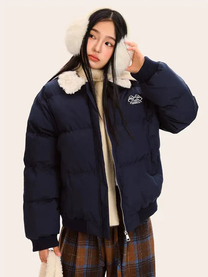 Winter Women Warm Parkas Fashion Fur Patchwork Puffy Coats Y2K Korean Loose Preppy All Match Lapel Down Outwear Mujer
