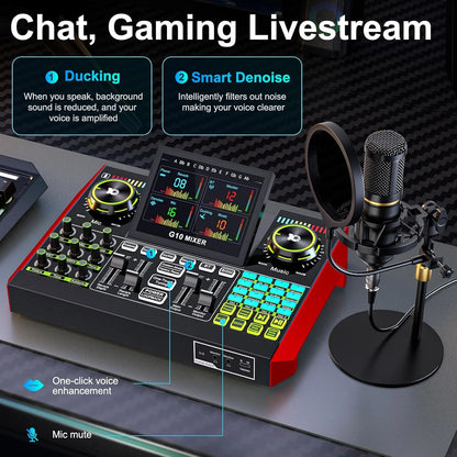 Tenlamp Podcast Equipment Bundle for 4 People, G10-BM800 Live Sound Card Audio Mixer Kit with Voice Changer, Bluetooth DJ Sound Board for PC Smartphone Laptop, Studio Recording Streaming Gaming Karaoke YouTube Vlog