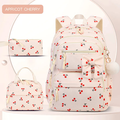 2026 High Quality Corduroy Three Piece Backpack with Cherry Pattern Princess Large Capacity Lightweight School Bag mochilas