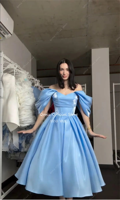 Qanz Elegant Sky Blue Prom Dress Off The Shoulder Backless Women's Wedding Party Attire A Line Vestidos De Fiesta Customized