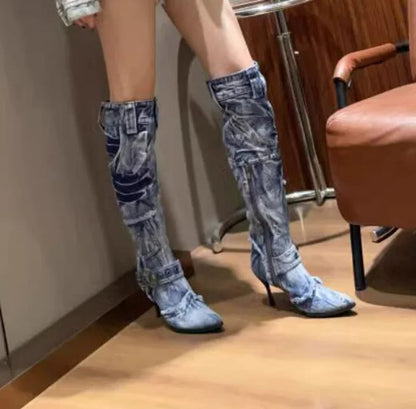 Washable jeans Eyelet Belt Denim Knee Boots Autumn Thin High Heels Side Pocket Frazzle Cowboy Woman Boots Knight Botas Shoes