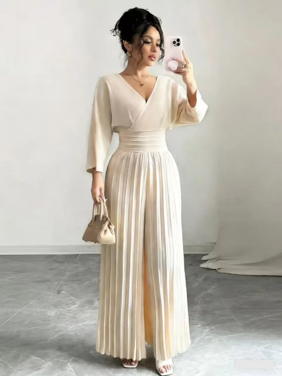 Pleated High Waist Wide Leg Capri Jumpsuits 2026 Trend V Neck Wrap Elegant Women's Palazzos White Three Quarter Long Romper