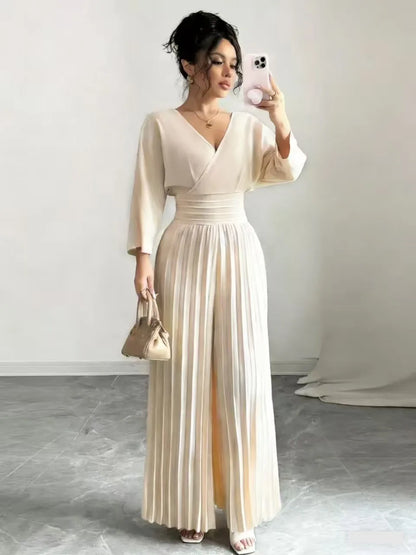Pleated High Waist Wide Leg Capri Jumpsuits 2026 Trend V Neck Wrap Elegant Women's Palazzos White Three Quarter Long Romper