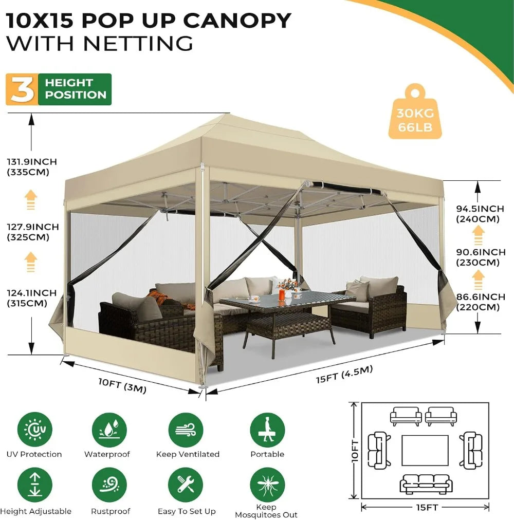 10x15 Pop Up Canopy with 4 Sidewalls, Heavy Duty Gazebo Tent, Mosquito Netting, Easy Setup, Khaki