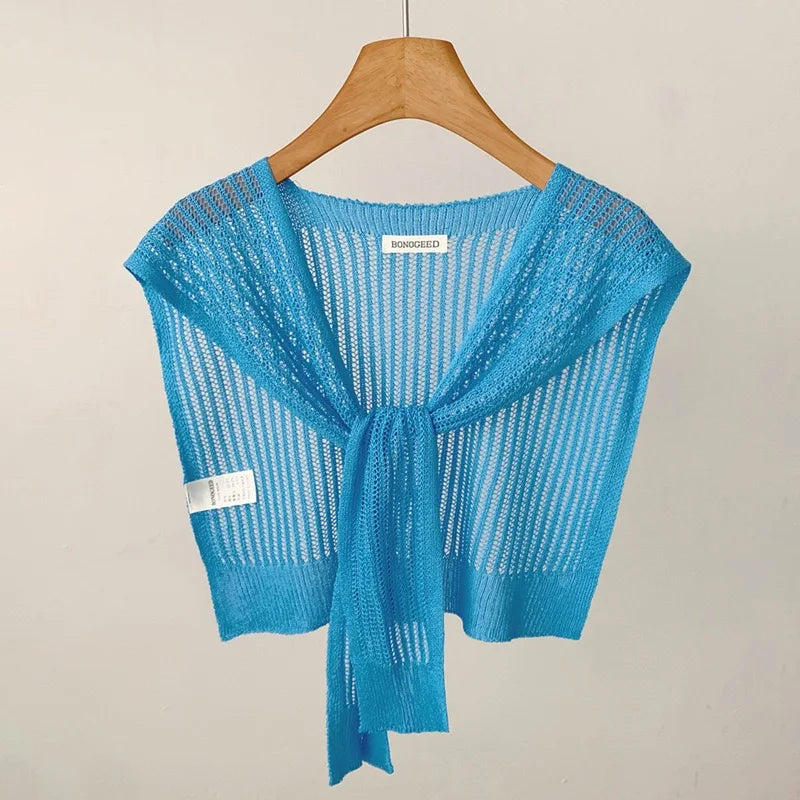 Lace Hollow Linen Knitted Shawl Summer Air Conditioning Fake Collar Neck Guard Knit Thin Knotted Cape Shoulder Scarf For Women