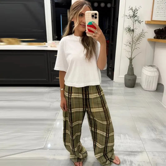 MUJER Plaid Baggy Pants Woman Casual Wide Leg Pants for Women Mid Waist Oversize Women's Pants Vintage Pleated Trousers Womens