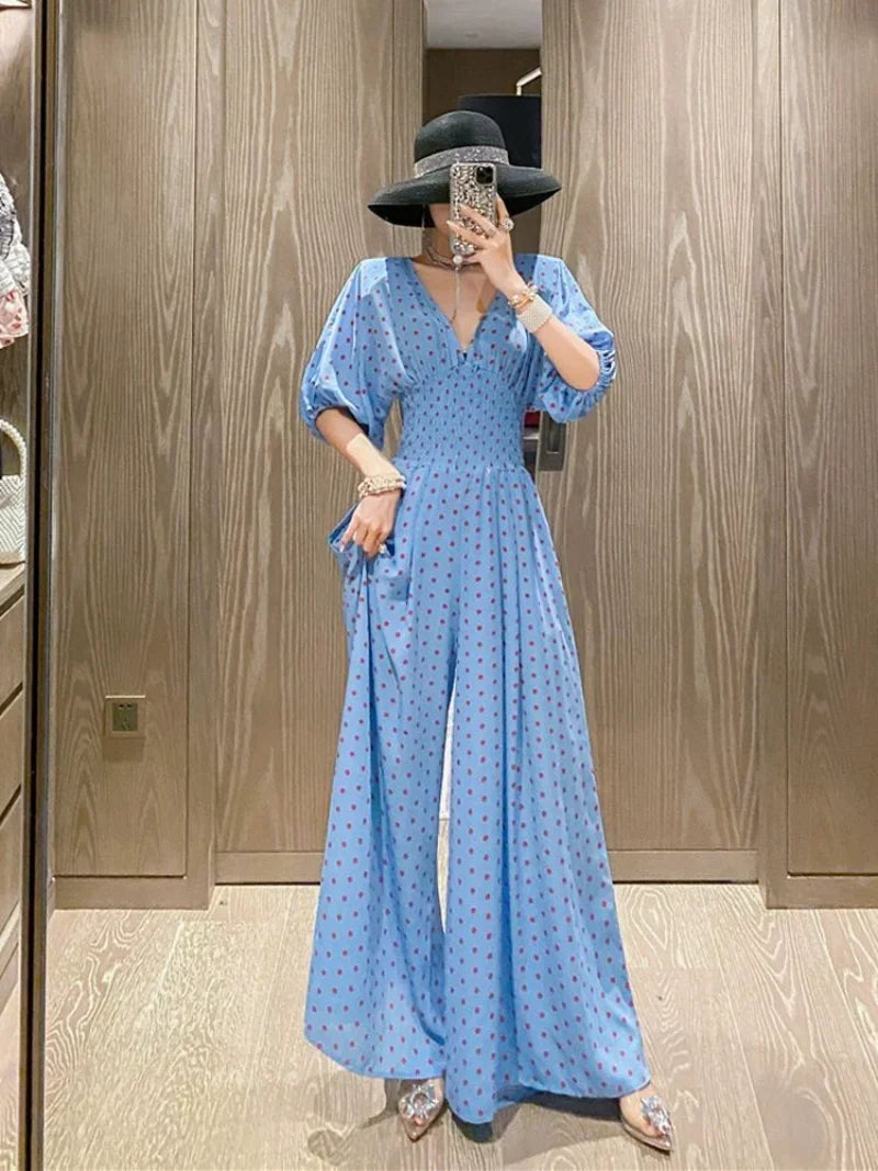 Jumpsuit Women Summer New Temperament Polka Dot V-neck High Waist Casual Wide Leg Jumpsuit Elegant Party One Piece Jumpsuits