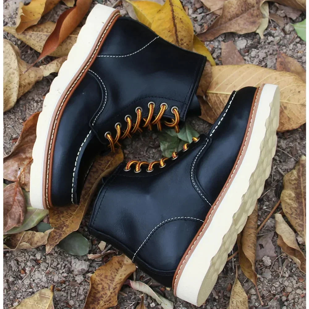 Men's Goodyear-Welted Vintage Genuine Leather Mid-calf Motorcycle Boots Round toe Casual Punk Dress Boots Work Shoes Western Red