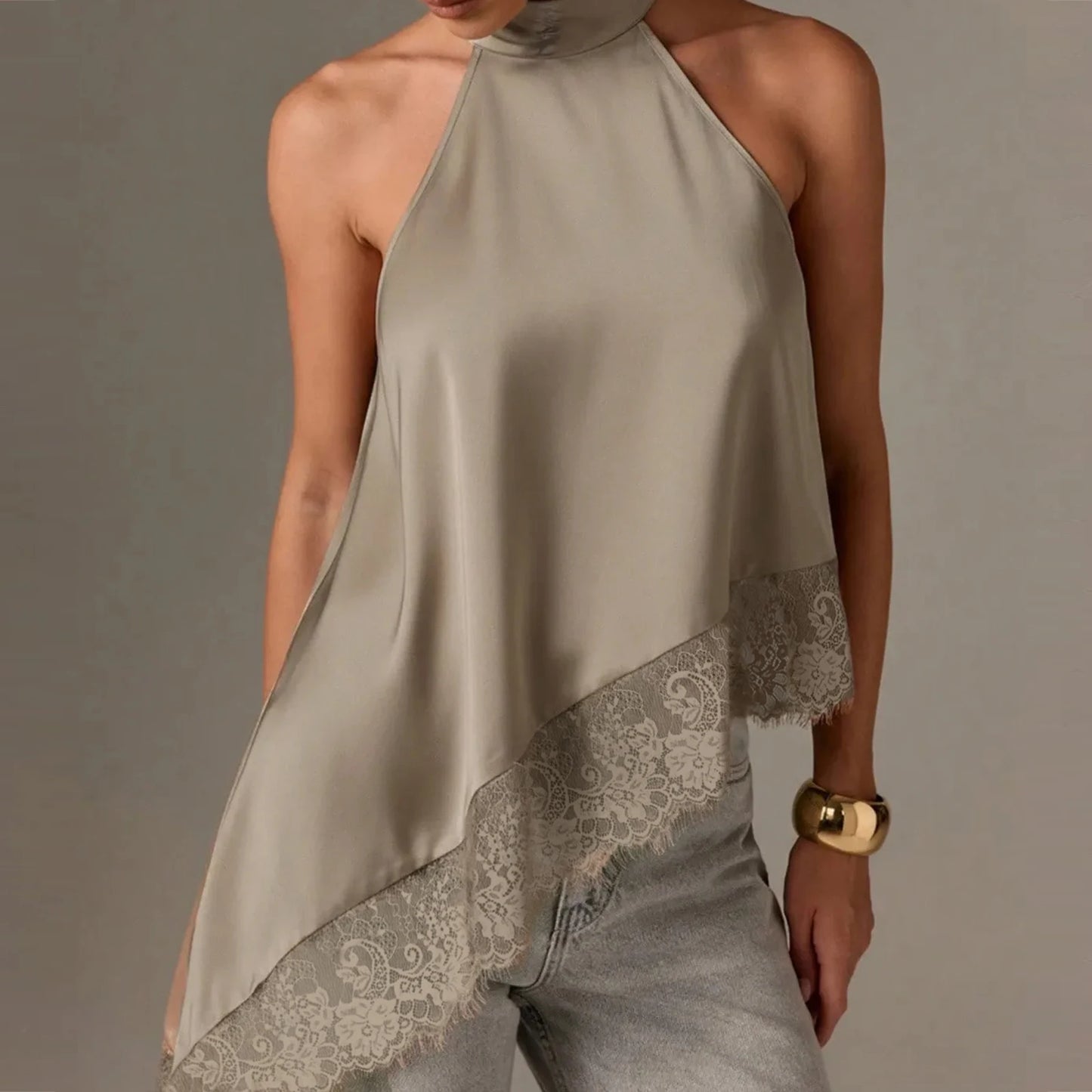 Women Y2k Mock Neck Halter Top Satin Lace Asymmetrical Hem Tank Tops Sleeveless Elegant Going Out Crop Tops