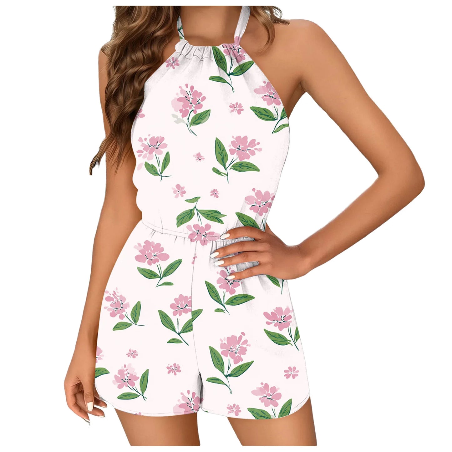 Women's Romper Boho Floral Print Halter Tie Straps Backless Overalls Shorts S-5XL Summer Casual Vacation Beach Jumpsuits