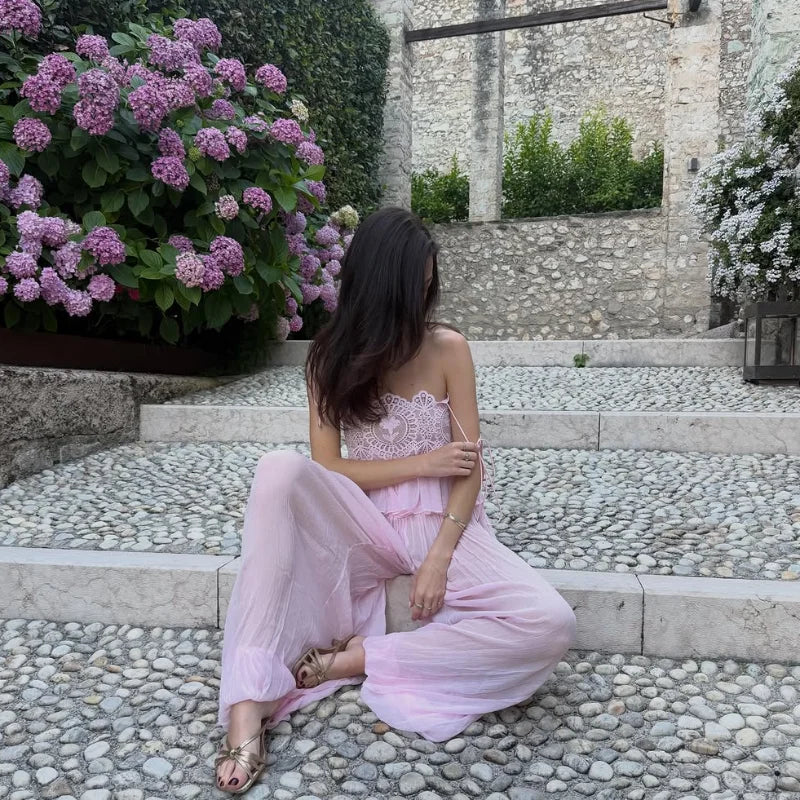 Beach Pink Lace Spliced Women's Set Summer See Through Strap Tank Top Pleated Lantern Pants Sets Lady New Casual Vacation Outfit