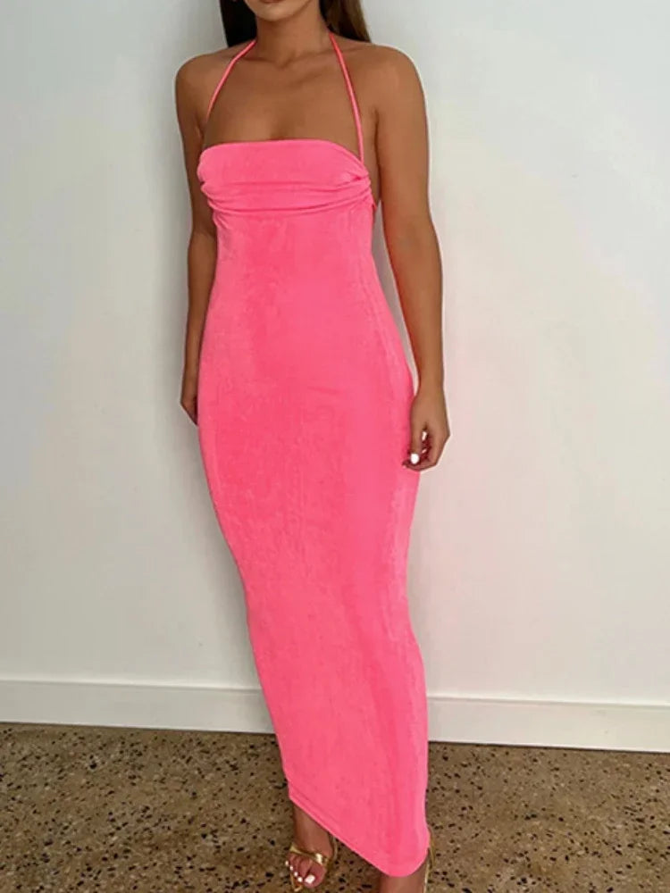 Sexy Long Shoulder Strap Open Back Backless Bodycon Maxi Dress Women Sleeveless Halter Skinny Long Dress Club Party Vestidos