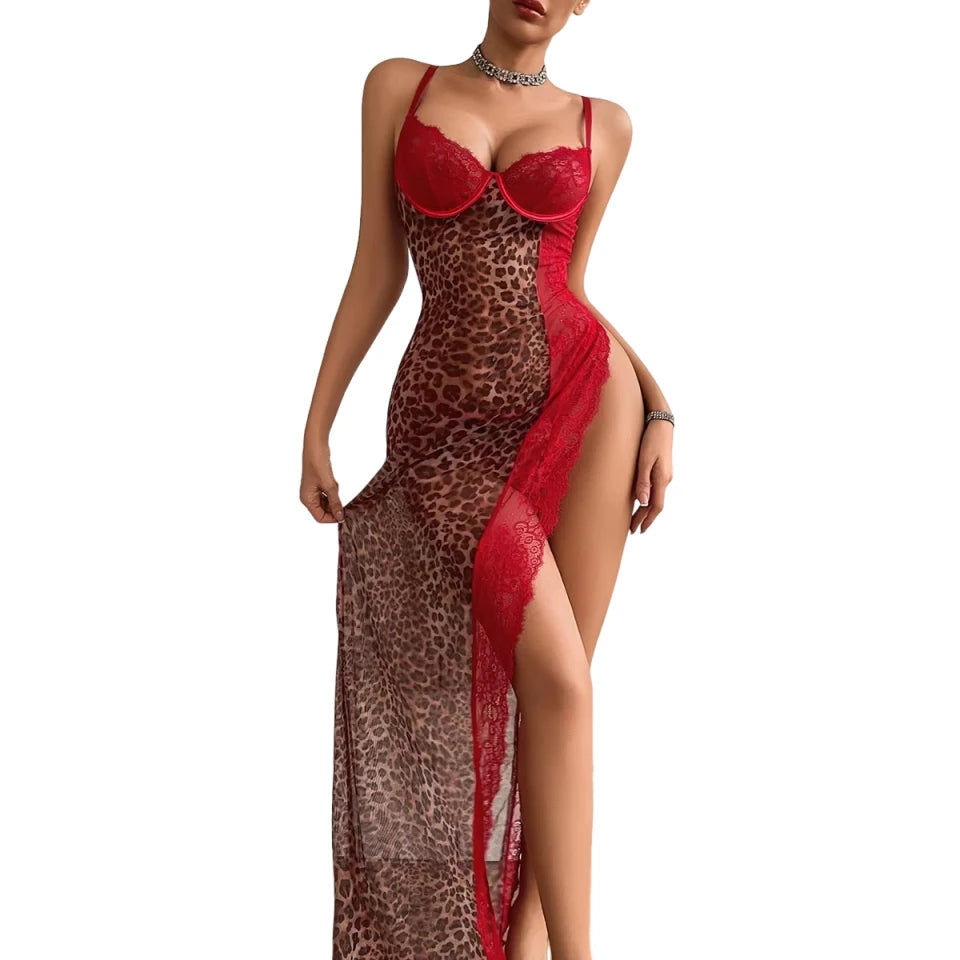 European and American Cross border 2026 Fashion High slit Strap Splicing Leopard Pattern Perspective Lace Sleeping Skirt Set