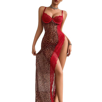 European and American Cross border 2026 Fashion High slit Strap Splicing Leopard Pattern Perspective Lace Sleeping Skirt Set