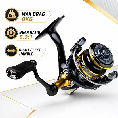 Spinning Fishing Reel 800 Size 5.2:1 7+1BB 8KG Max Drag CNC Metal Handle Deep Spool Long Cast Saltwater Rock Lure Fishing Reel