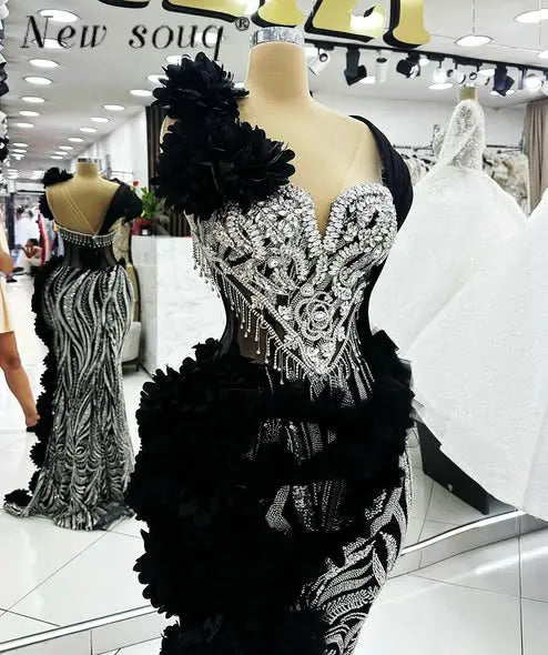 High Fashion Black Long Evening Dresses Customized Crystals Flowers Elegant Party Dress Formal Arabic Wedding Prom Gowns