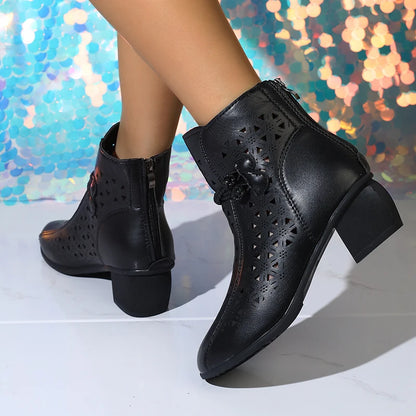 2025 Summer New Women's Fashion Hollow-Out Soft Sole Mid-Heel Ankle Boots, Retro Breathable Comfortable Shoes
