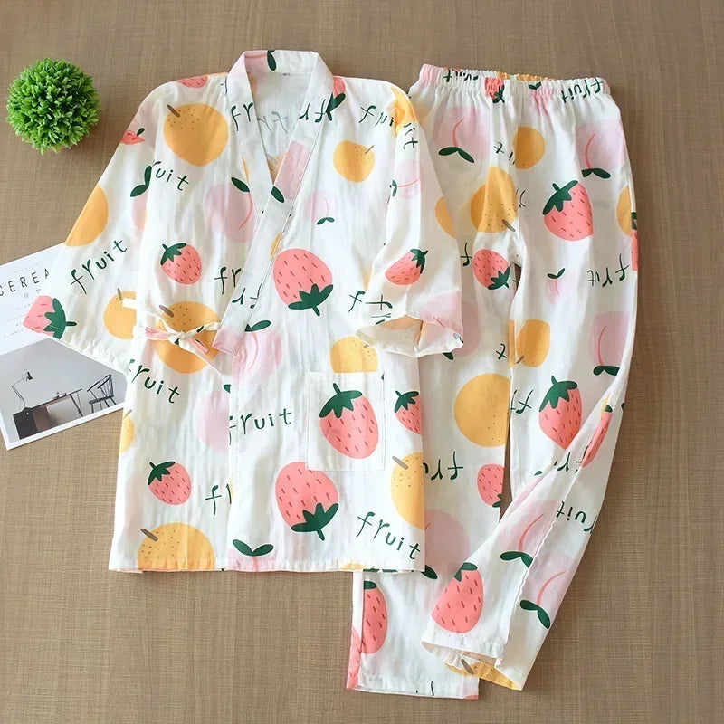 2026 new seven-sleeve Japanese-style kimono pajamas set female spring and autumn 100% cotton gauze home clothes cute sweet two-p