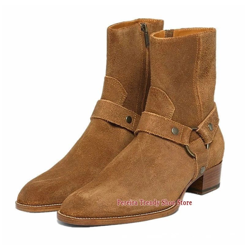 Autumn Winter Retro Chelsea Boots for Men Metal Ring Suede Leather Pointed Toe Short Boots British Style Trendy Men's Shoes