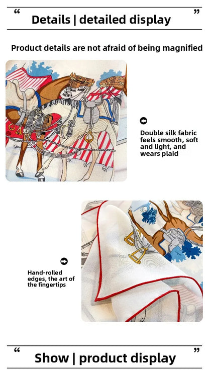 100% Mulberry Silk Square Scarf Vintage Equestrian Horse Saddle Print Bandana Unisex Neck Head Wrap Office Travel Holiday Gift