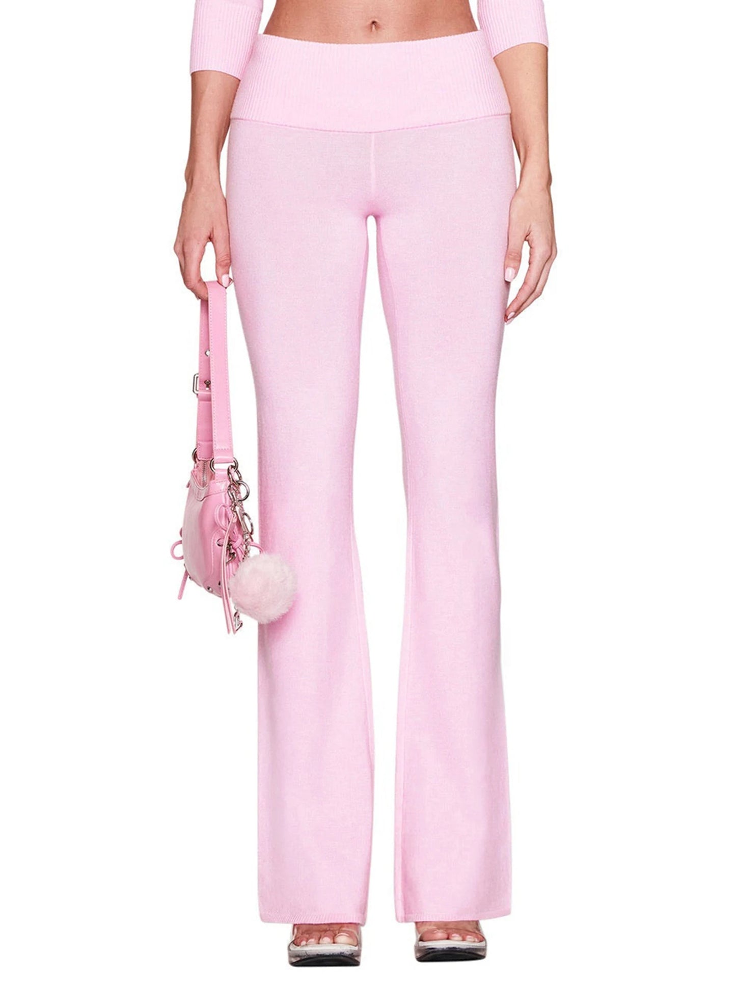 Combhasaki Women's Y2l Knitted Flared Long Pants Slim Fit Solid Color Fold Over Waist Elastic Low Rise Back Bow Decor Trousers