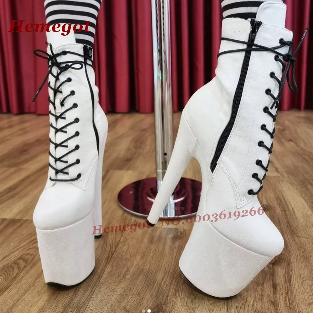 White Platform Lace-Up Ankle Boots Steel Pole Dance Performance Shoes Round Toe Stiletto High Heels Cross Tied Zip Women's Boots