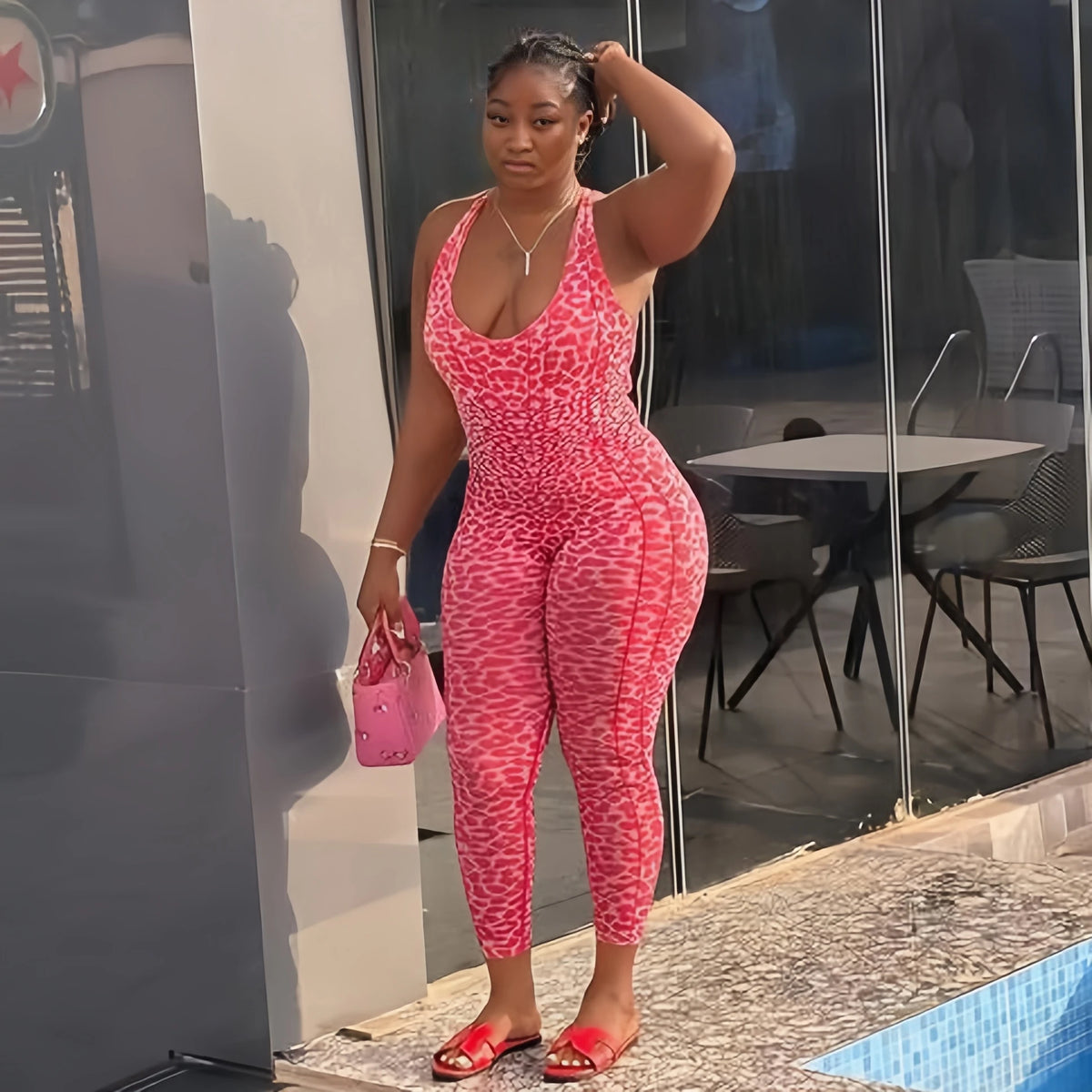 FAGADOER Y2K Sexy Leopard Print Bodycon Jumpsuit Women Halter Sleeveless Deep V Backless Long Romper Streetwear Club Night Party