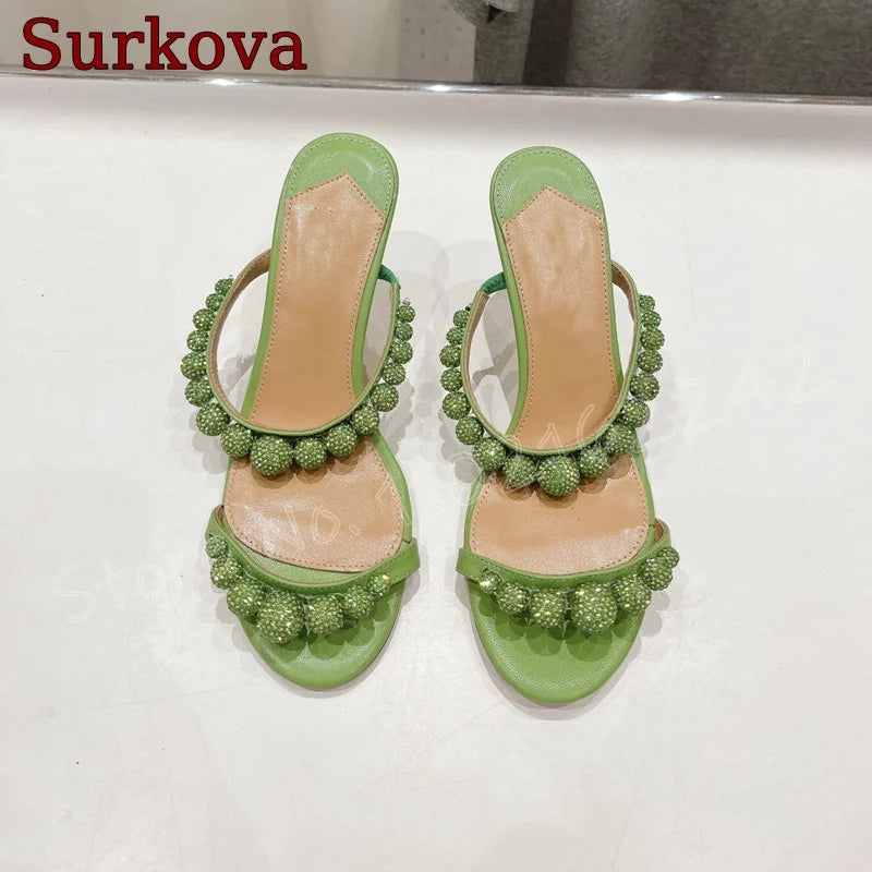 Green Pearl High Heel Slippers Open Toe Round Head Shallow Mouth Slippers Elegant Casual Luxury Dress Women'S Shoes Summer New