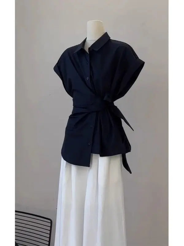 2026 New Women's Fashion Shirt And Pants Set Belted Loose Wide Leg Pants Thin Material Spring Autumn Wear High Waist Polyester
