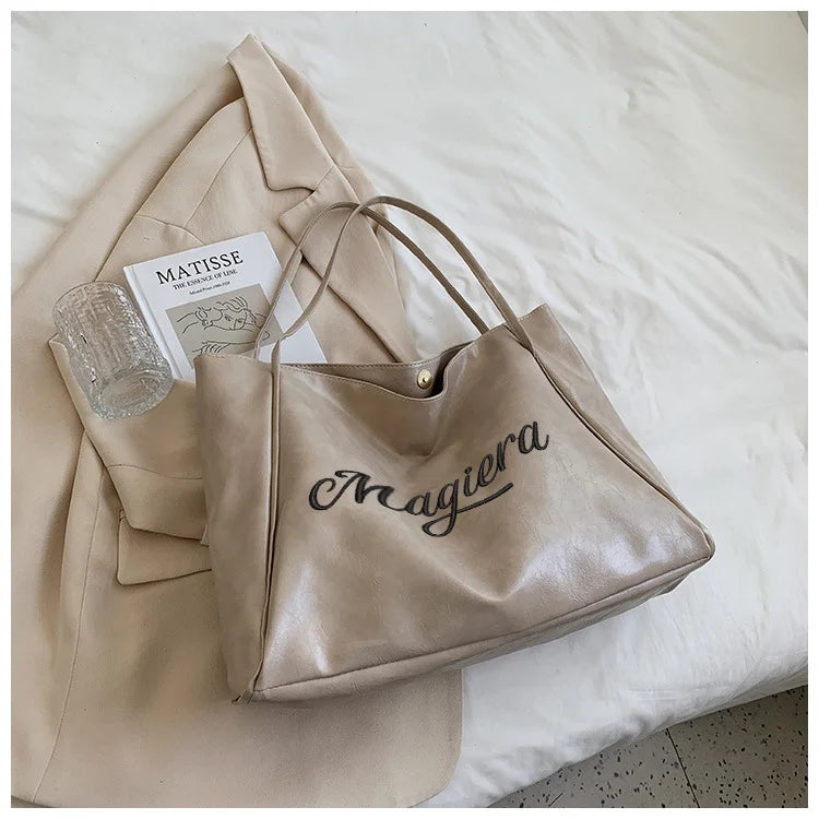 Personalized Name Embroidery Women's Large Tote Bag Brown Faux Leather Shoulder Handbag Vintage Soft Casual Bag for Work Travel