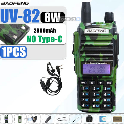 1/2Pcs Baofeng UV-82 Walkie Talkie 5/8W Tri-Power FM Radio Type-C Charger Dual PTT Dual Band VHF/UHF Two Way Camouflage For Hunt