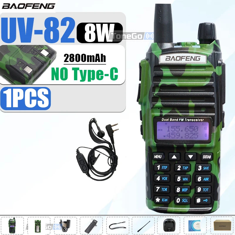 1/2Pcs Baofeng UV-82 Walkie Talkie 5/8W Tri-Power FM Radio Type-C Charger Dual PTT Dual Band VHF/UHF Two Way Camouflage For Hunt