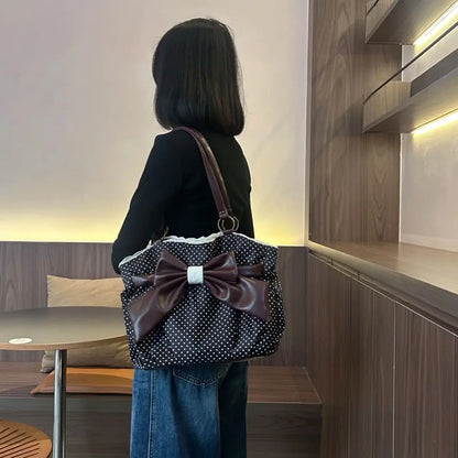 Trendy Vintage Women's Bow Handbag Y2k Casual Chic Lady Shoulder Bags All Match Aesthetic Dot Ins Underarm Bag Streetwear