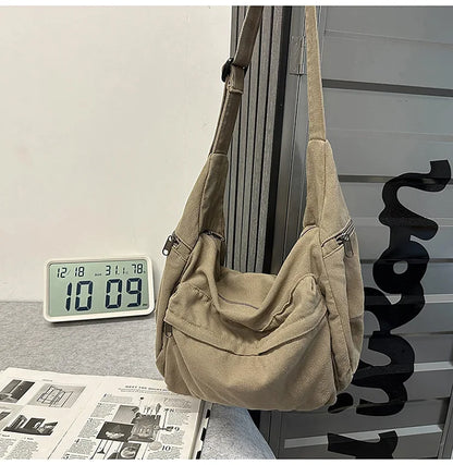 100% Cotton Shoulder Bags Women Large Capacity Canvas Tooling Packages Korea Style Cloth Crossbody Bags Solid Messenger Bags
