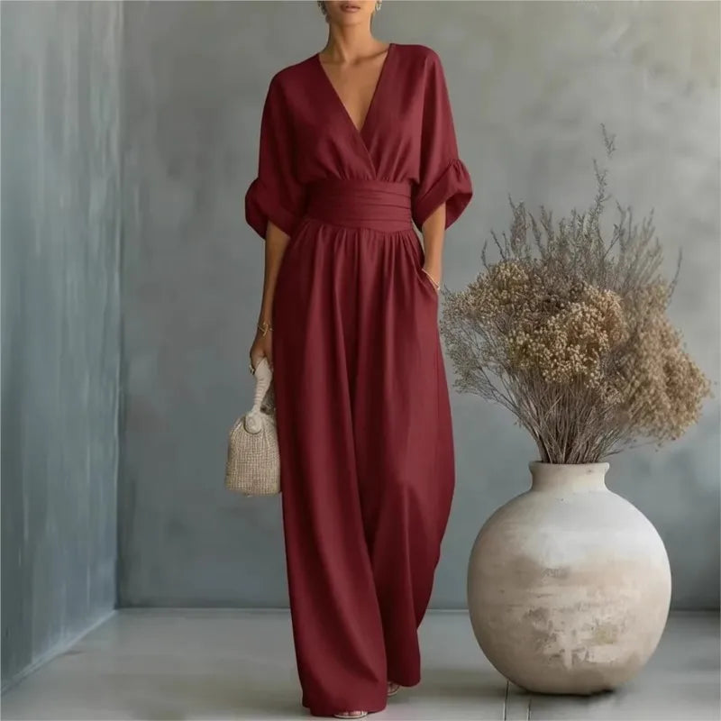 Summer Sexy Deep V-neck Short Sleeve Jumpsuits Elegant Women Solid High Waist Rompers Casual Sleeveless Wide Leg Pants Jumpsuit
