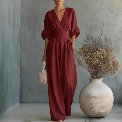 Summer Sexy Deep V-neck Short Sleeve Jumpsuits Elegant Women Solid High Waist Rompers Casual Sleeveless Wide Leg Pants Jumpsuit