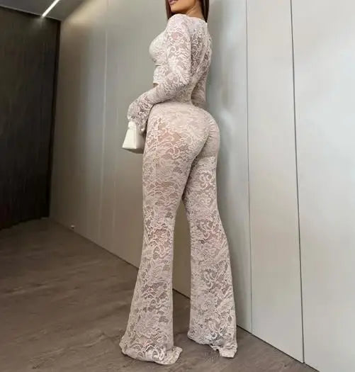 Two Piece Set Women Outfit 2026 Spring New Solid Color Buckle Splicing Lace Long Sleeve Top & High Waist Casual Flare Pants Set