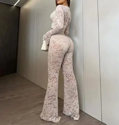 Two Piece Set Women Outfit 2026 Spring New Solid Color Buckle Splicing Lace Long Sleeve Top & High Waist Casual Flare Pants Set