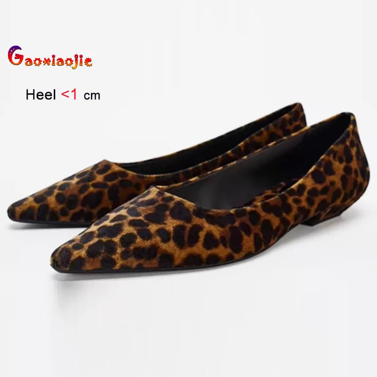 New Sexy Leopard Black Women's Flats Shoes Pointed Toe Ladies Pumps Chunky Heels Suede Footwear Shallow Mouth Flats Casual Shoes