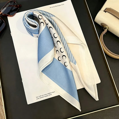 100% Natural Mulberry Silk Square Scarf 53x53cm Blue White Moon Print Women Neck Scarf Headband Bag Scarf Elegant Gift