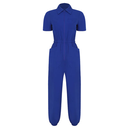 Womens Scrubs Jumpsuit Soft Stretch Medical Scrub Set with Pockets Front Zipper Elastic Waist Jogger Pants Nurse Doctor Workwear