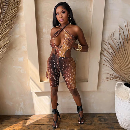 FAGADOER Deer Print Sexy Hollow Out Romper Hot Girl Bandage Halter Shorts Backless Bodycon Jumpsuits New Trendy Streetwear