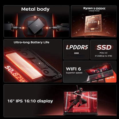 ACEMAGIC 16 Inch Laptop Gaming AMD Ryzen 9 6900HX Processor 16GB LPDDR5 RAM 512GB SSD IPS Display Windows 11 Laptop Computer